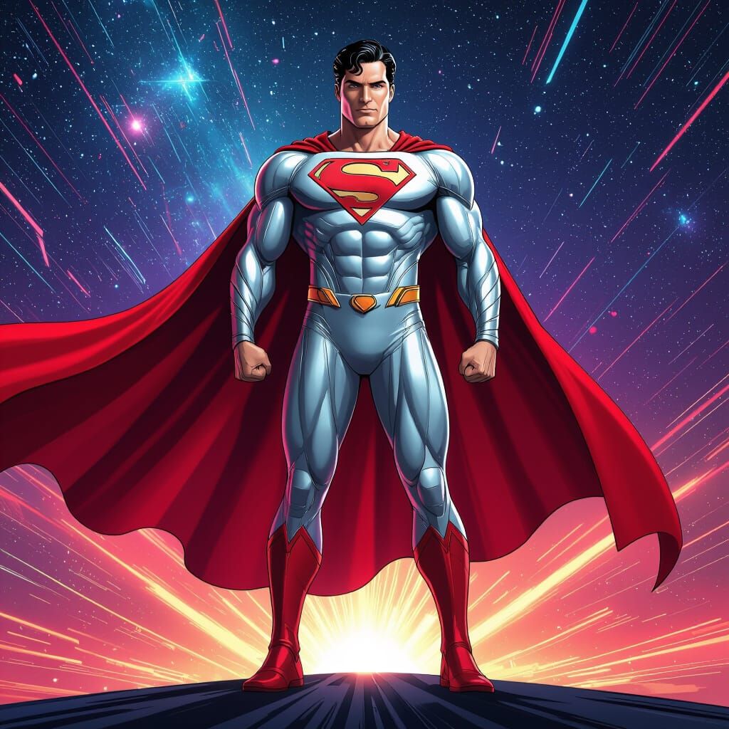 Superman in Silver Suit, Cosmic Sci-Fi Art