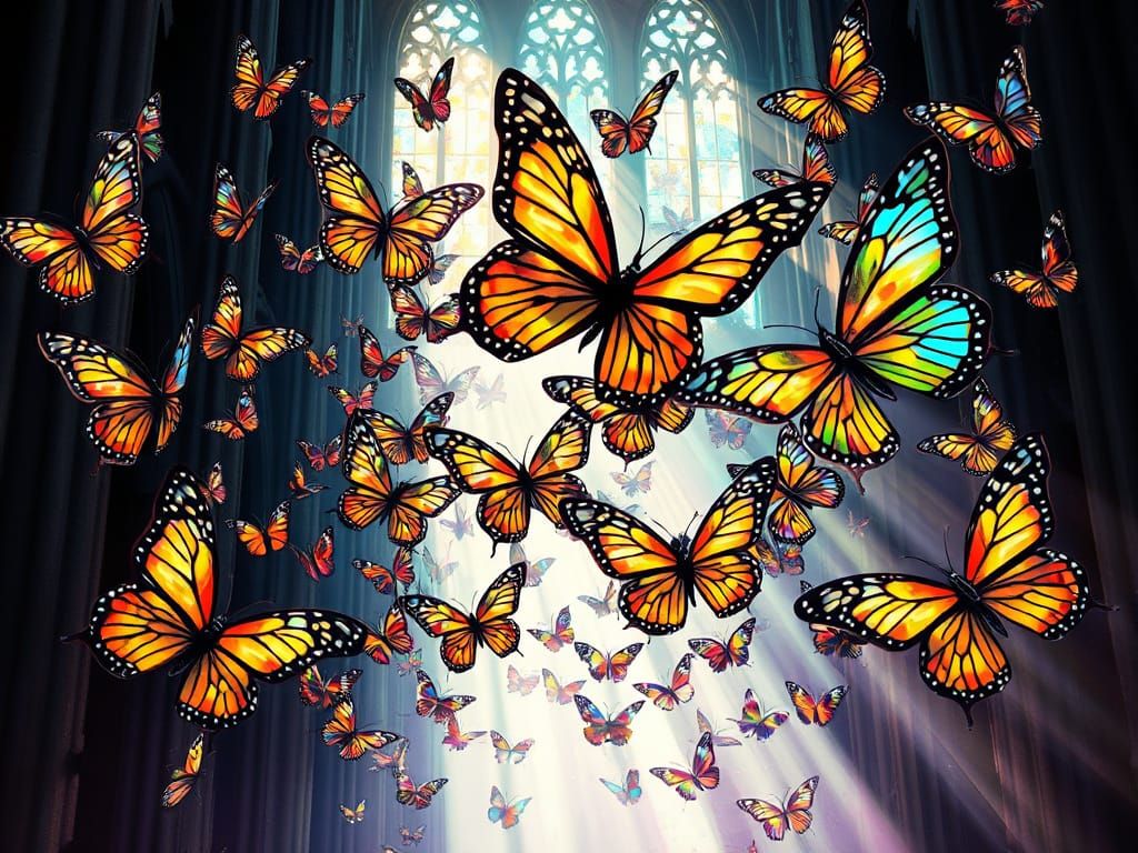 Stained Glass Butterflies in Cathedral Light, Art Nouveau