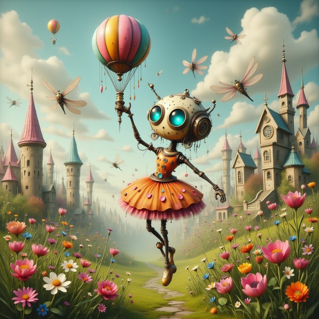 Robot Ballerina in Steampunk Surrealist Landscape