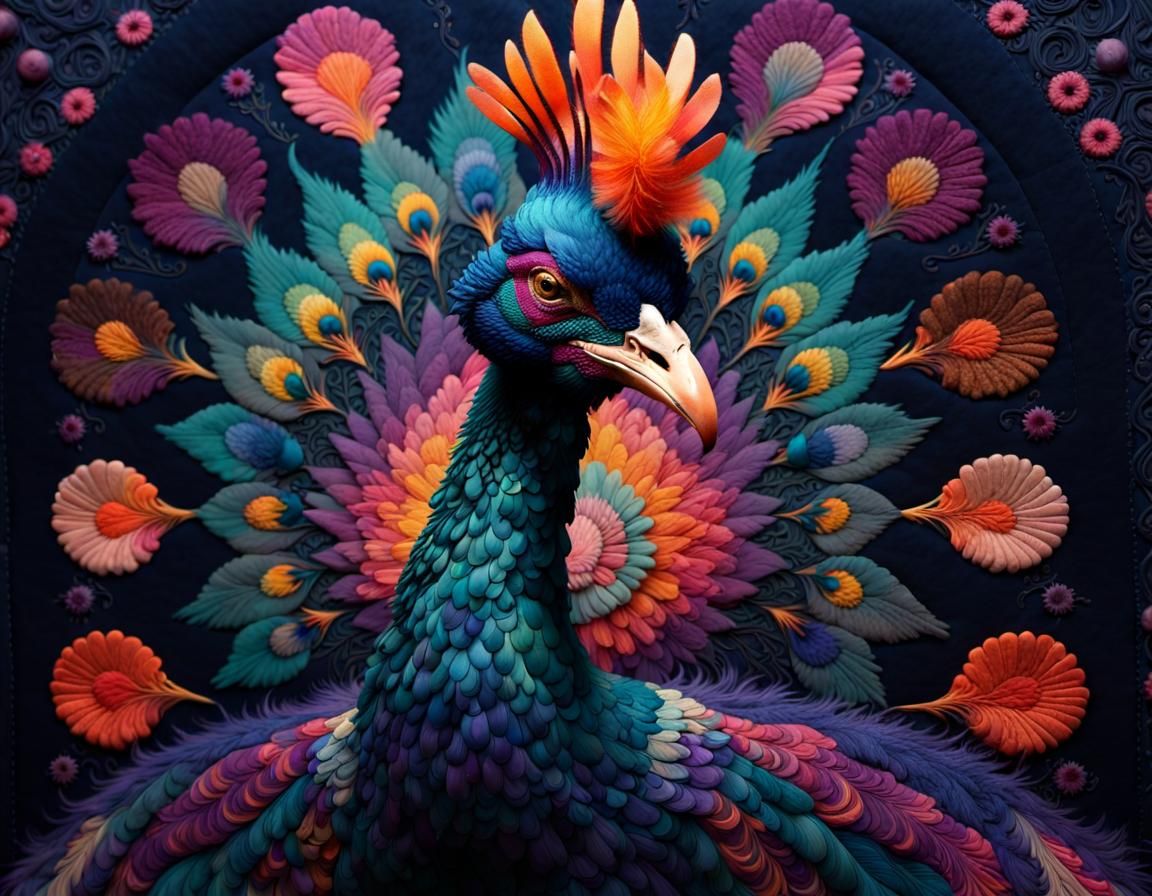Hyperdetailed Steamnoir Peacock-Rooster Patchwork Creation