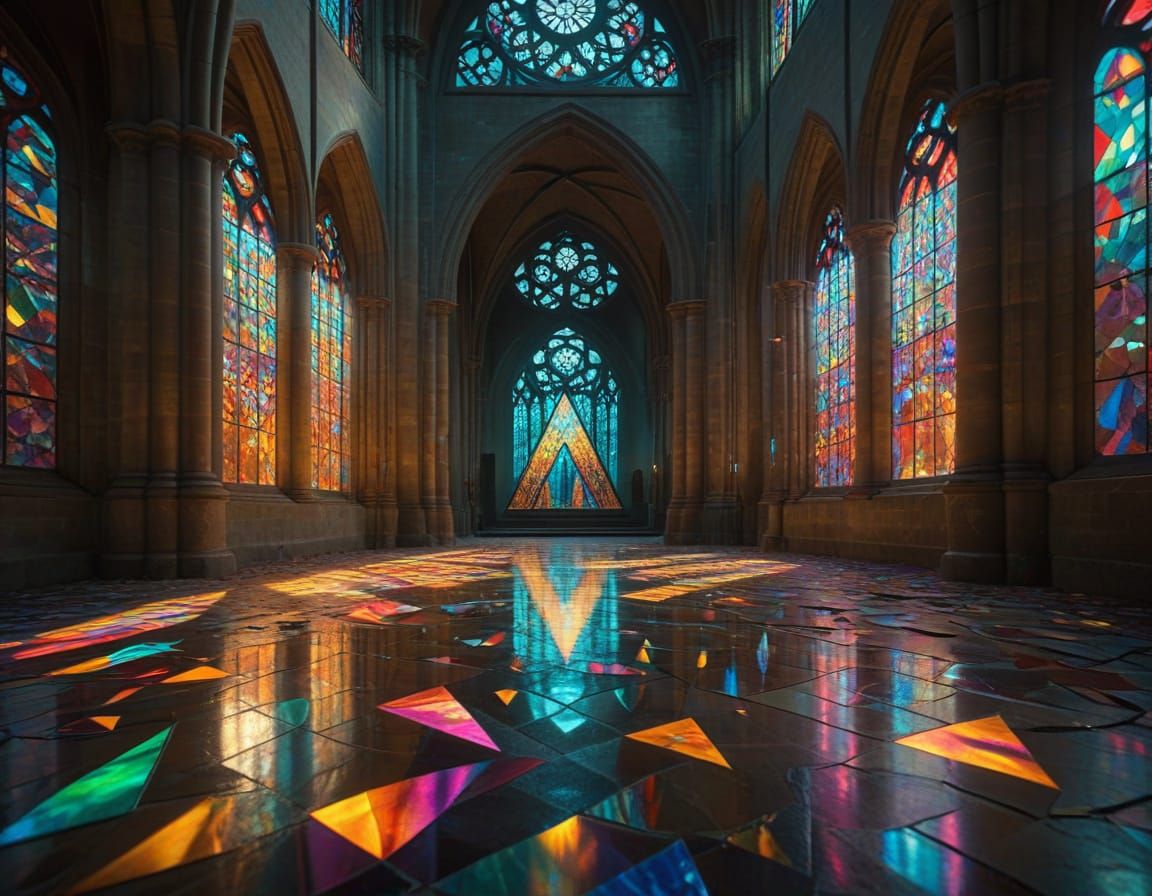 Gothic Surrealism in Abandoned Cathedral with Rainbow Light