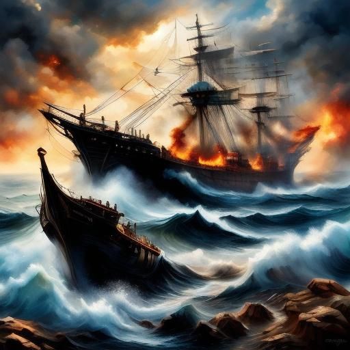 Burning Ship on Stormy Sea