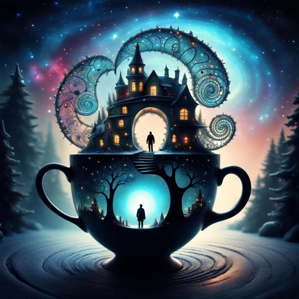 Surreal Christmas Teacup Portal to a Starry Galaxy