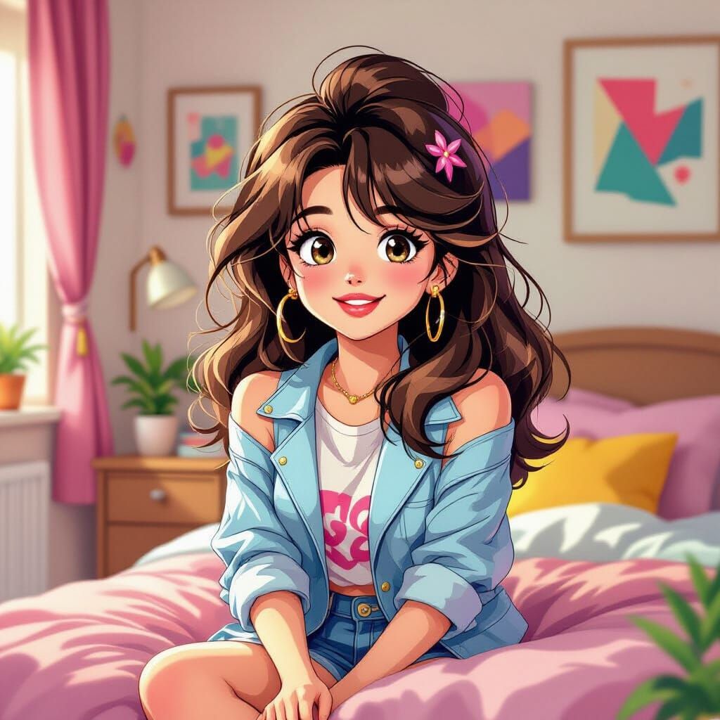 1985 Girl in Vibrant 80s Bedroom Retro Anime Style