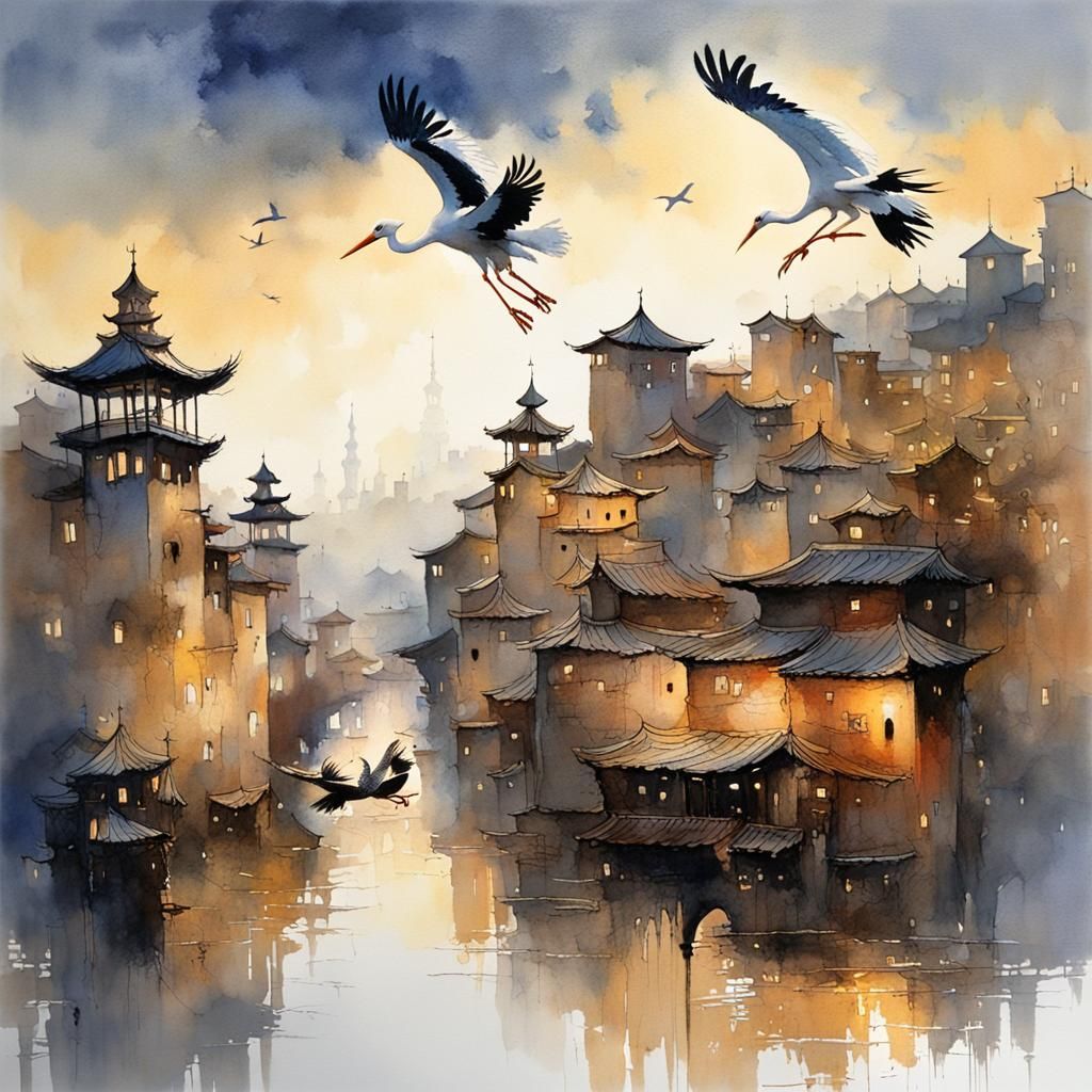 Storks Fly Over Oriental Town: Watercolor Art