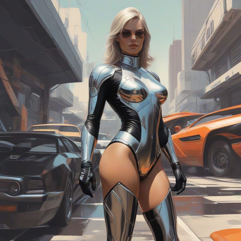Cyberpunk Superheroine in Platinum Armor