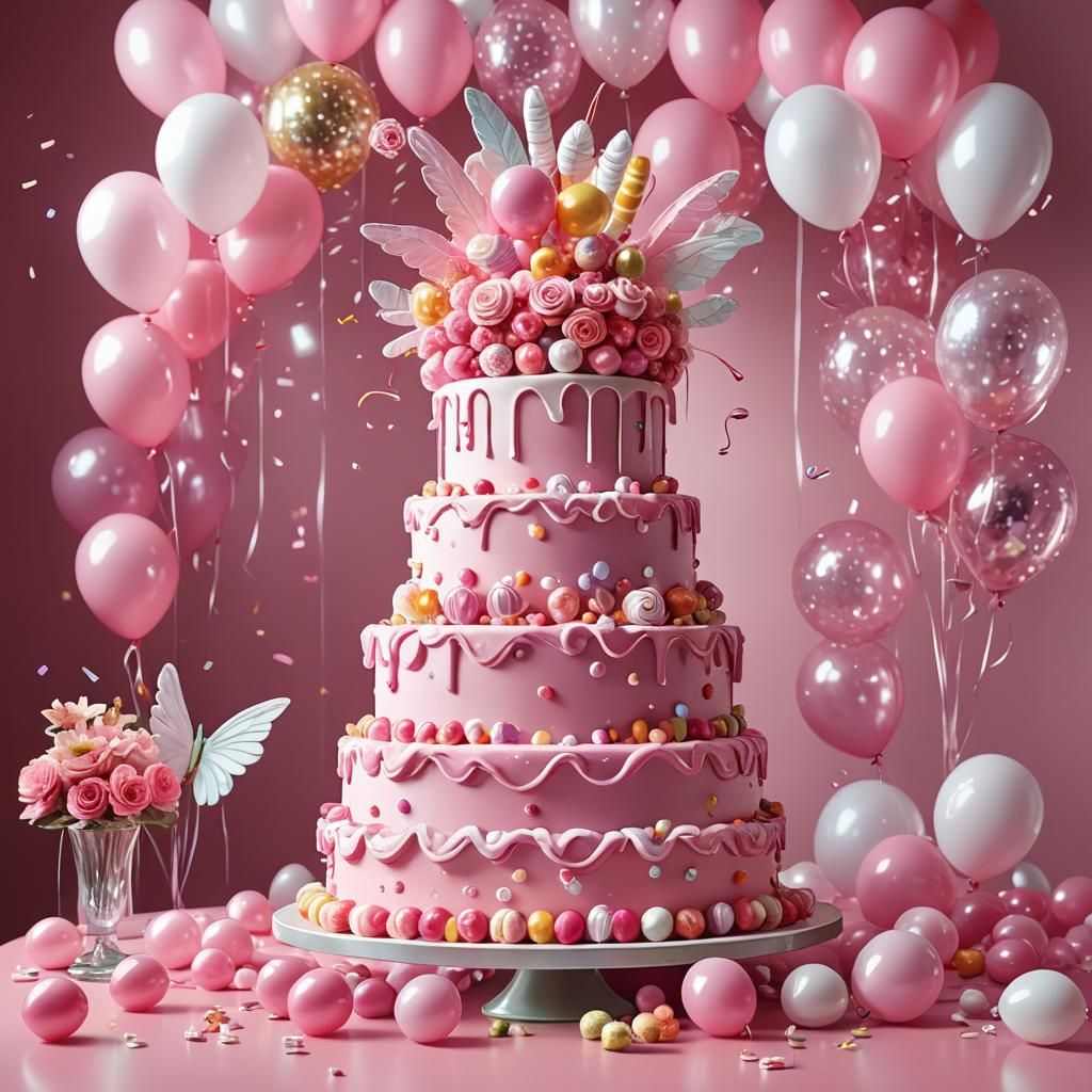 Sparkly Pink Birthday Cake with Wings in Candy Art