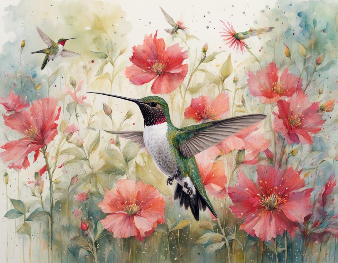 Ruby-Throated Hummingbird: Watercolor and Ink Art