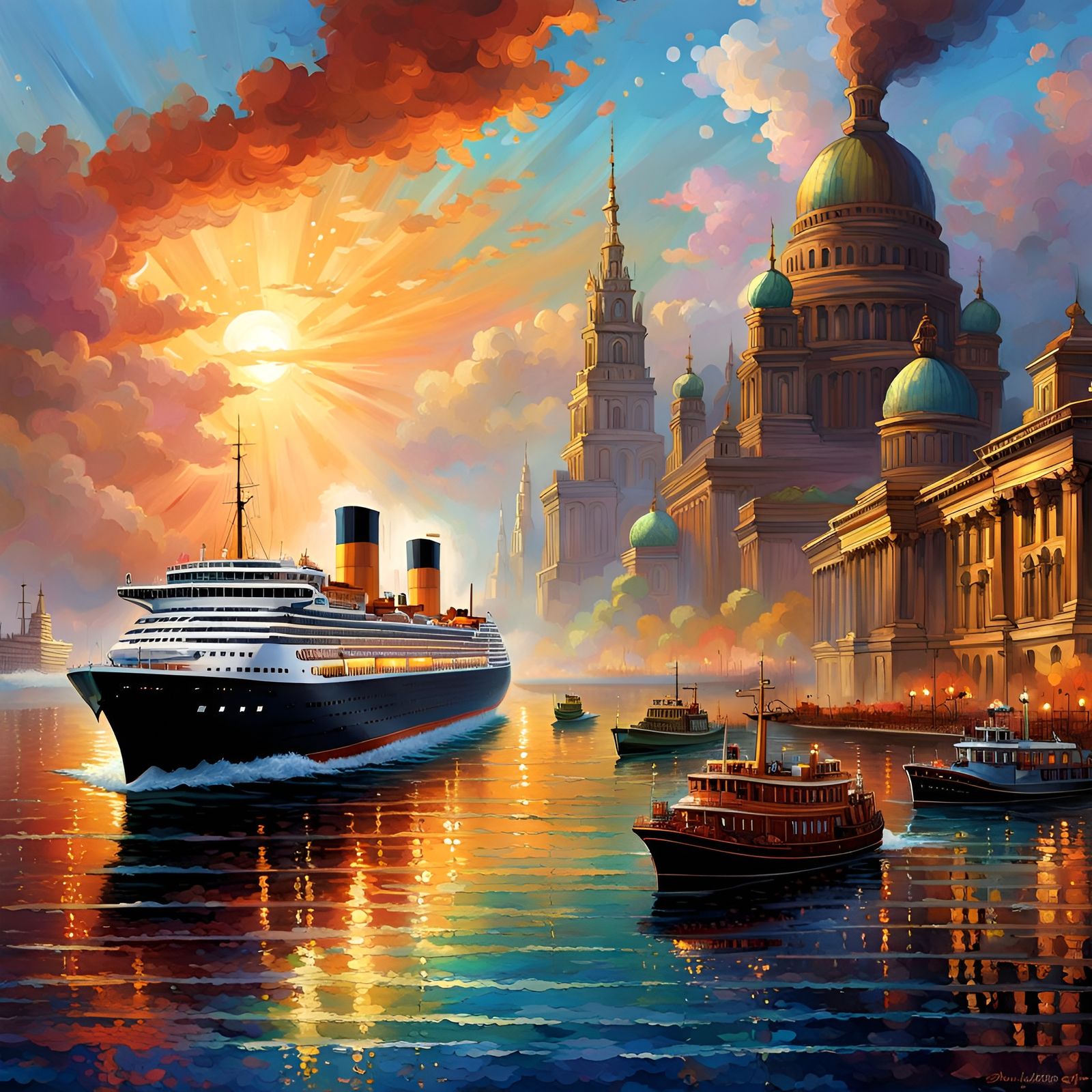 Tugboats Guide Cruise Ship: Pointillist Art