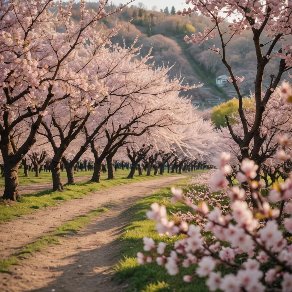 Vibrant Cherry Blossom Orchard in Soft Focus