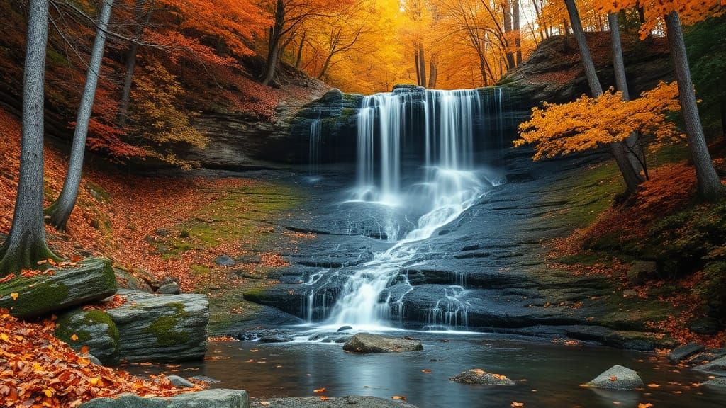 Majestic Waterfall in Vibrant Autumn Forest