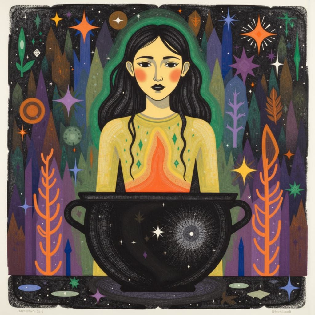 Pagan Woman Brewing Magic in Rustic Pot