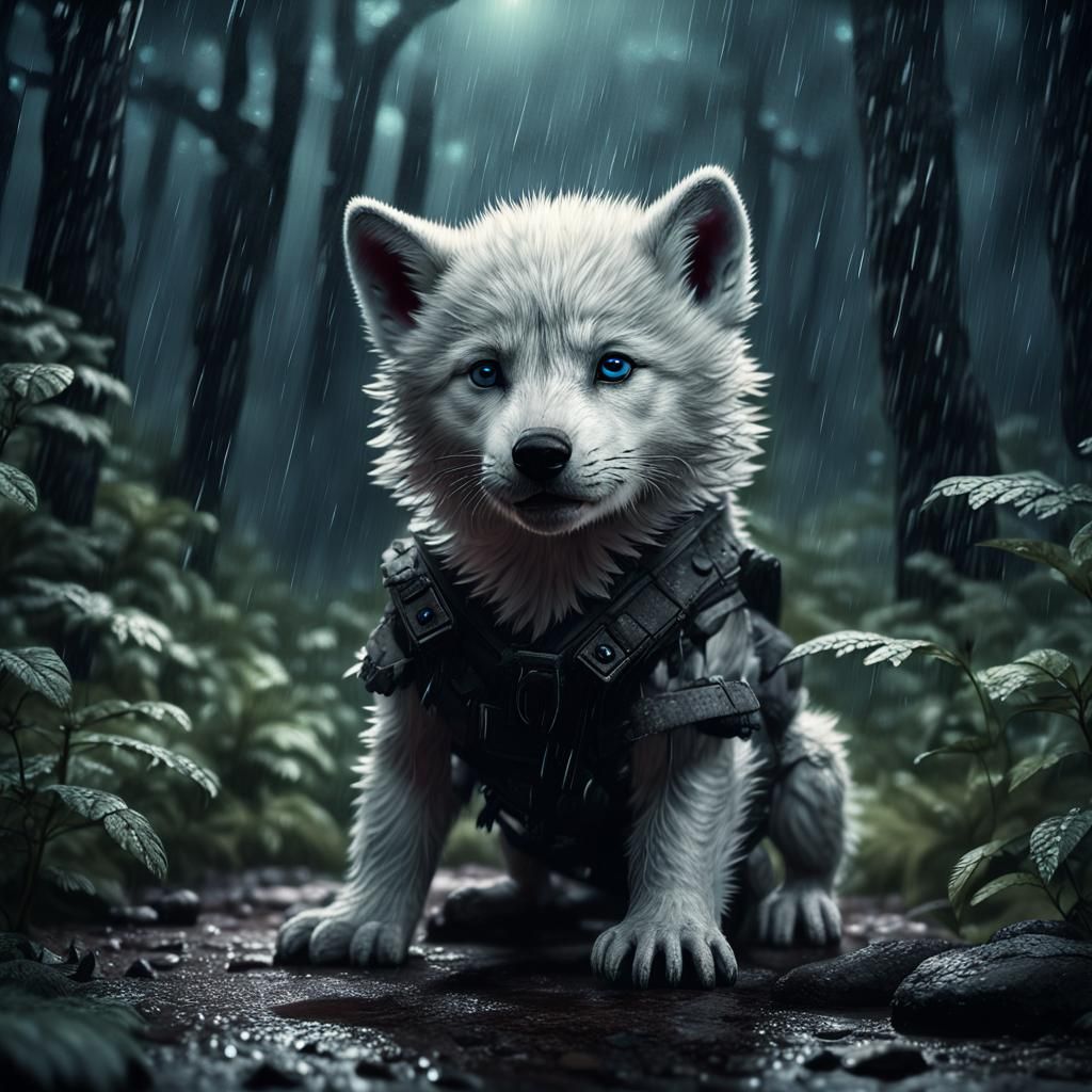White Wolf Cub in Rainy Forest: Cinematic Digital Art