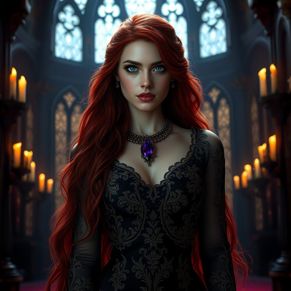 Gothic Goddess in Red Hair and Elegant Gown