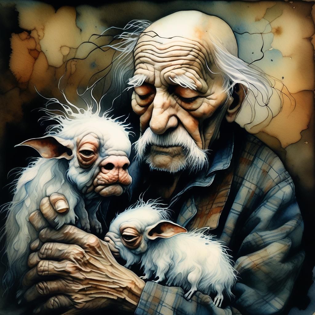 Old Man Cuddling Pale Beasts, Watercolor