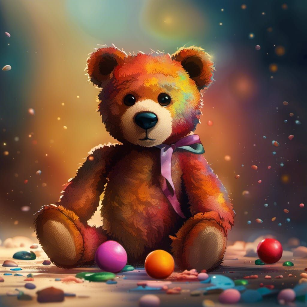 Hyperrealistic Teddy Bear on Floor in Splash Art Style