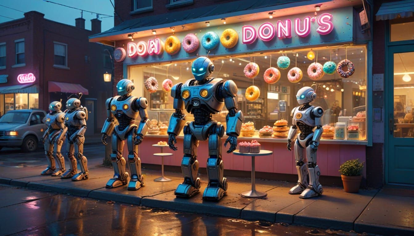 Retro-Futuristic Robots Gather Around a Colorful Donut Shop