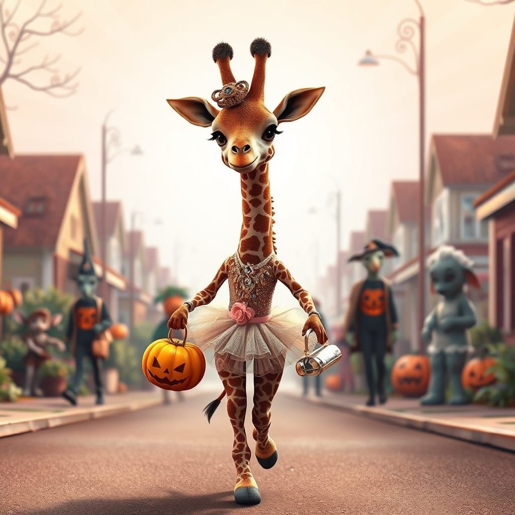 Giraffe Ballerina Trick-Or-Treating in 3D Anime Style