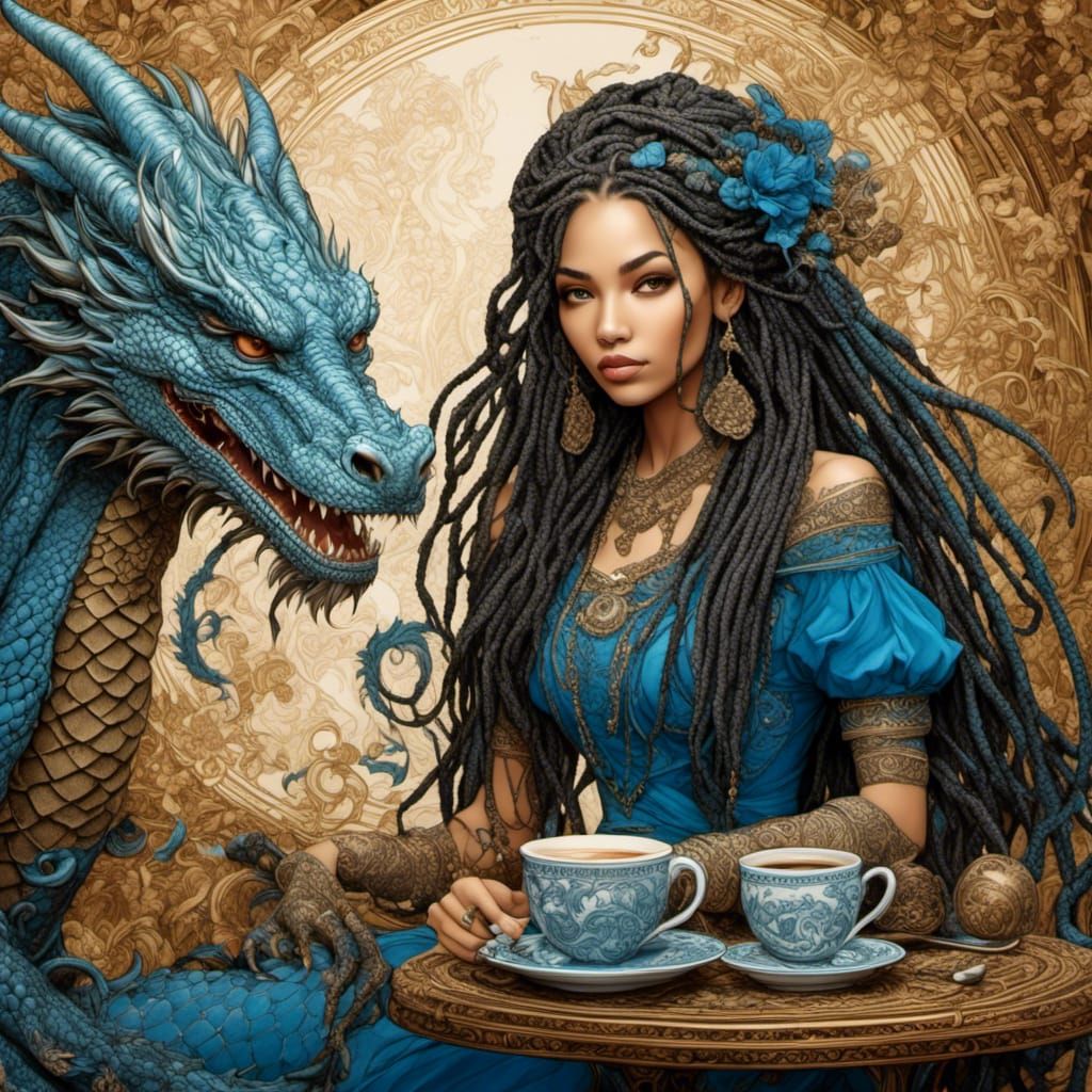 Woman and Dragon Coffee Break in Mixed Media