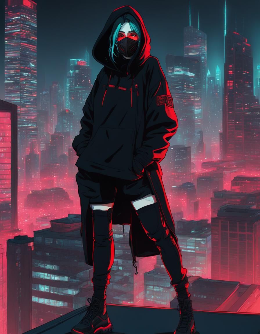 Anime Cyberpunk Sniper on Skyscraper Roof