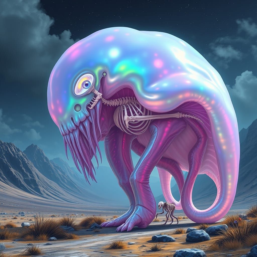Iridescent Slime Giant Animated Skeleton Surreal Art