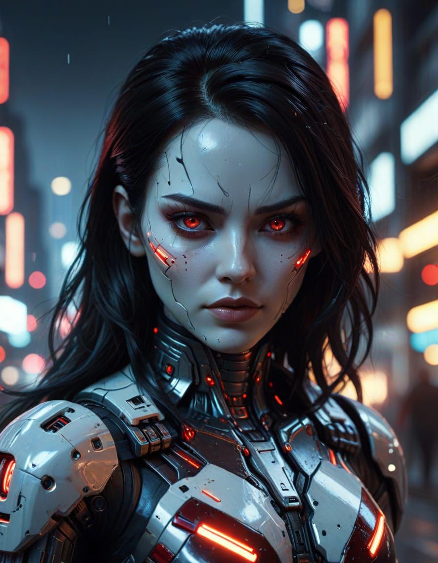 Cyberpunk Android Portrait in Futuristic Cityscape