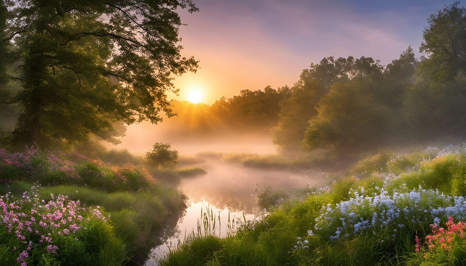 227-A serene landscape at sunrise with the fog lifting and c...