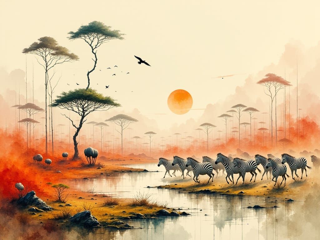 Surreal Zebras Dissolving in Savanna Landscape