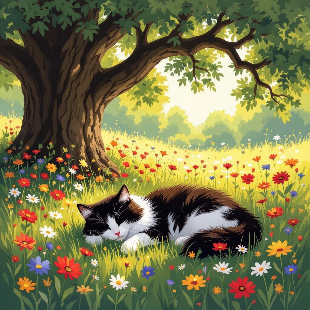 Fluffy Cat Napping in Wildflower Meadow with Dappled Sunligh...