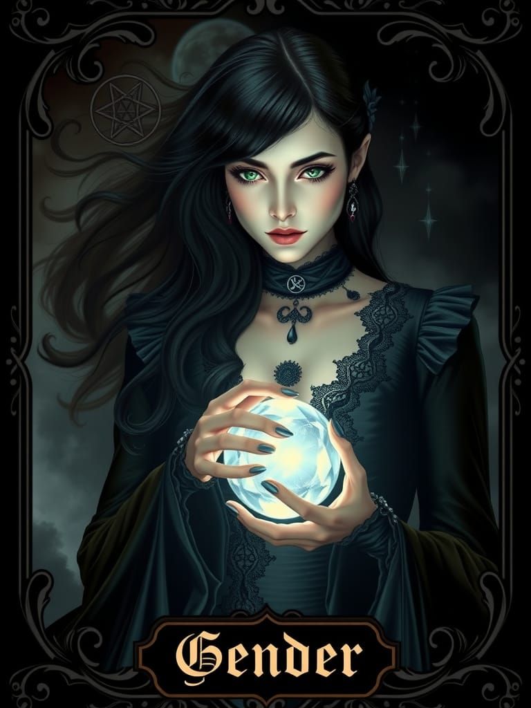 Gothic Trans Woman with Crystal Orb in Dark Surrealism