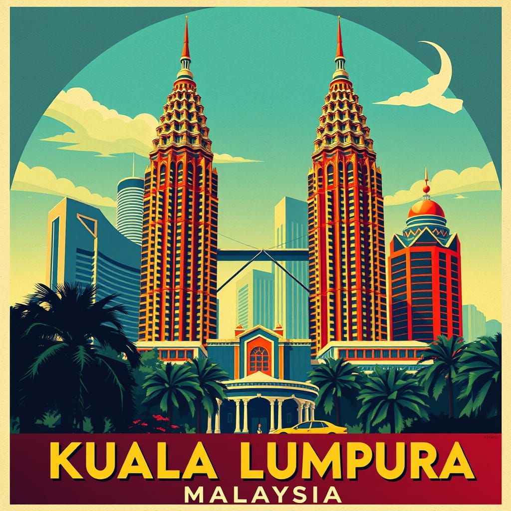 Kuala Lumpur Vintage Travel Poster in Art Deco Style