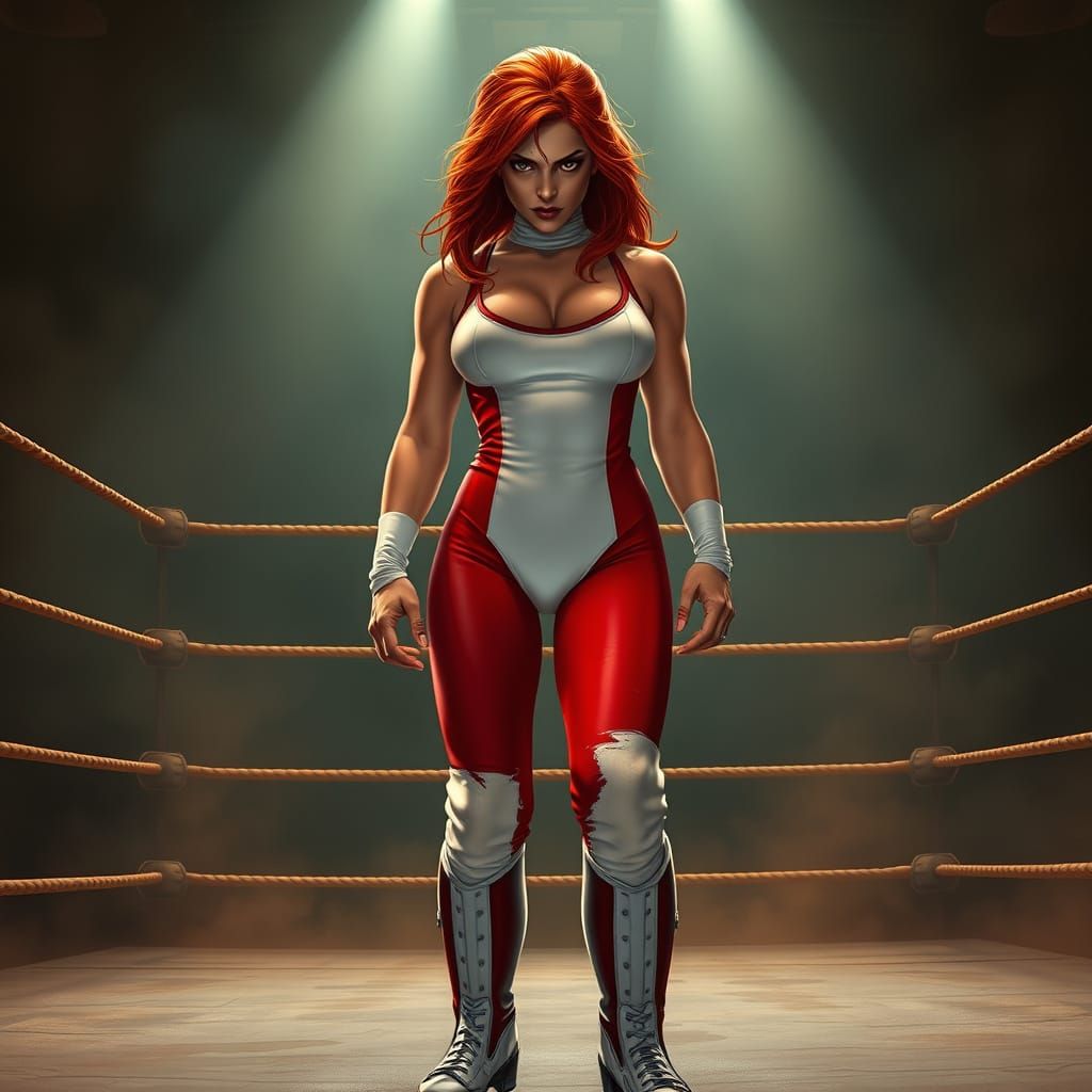 Fierce Female Wrestler in Dimly Lit Wrestling Ring