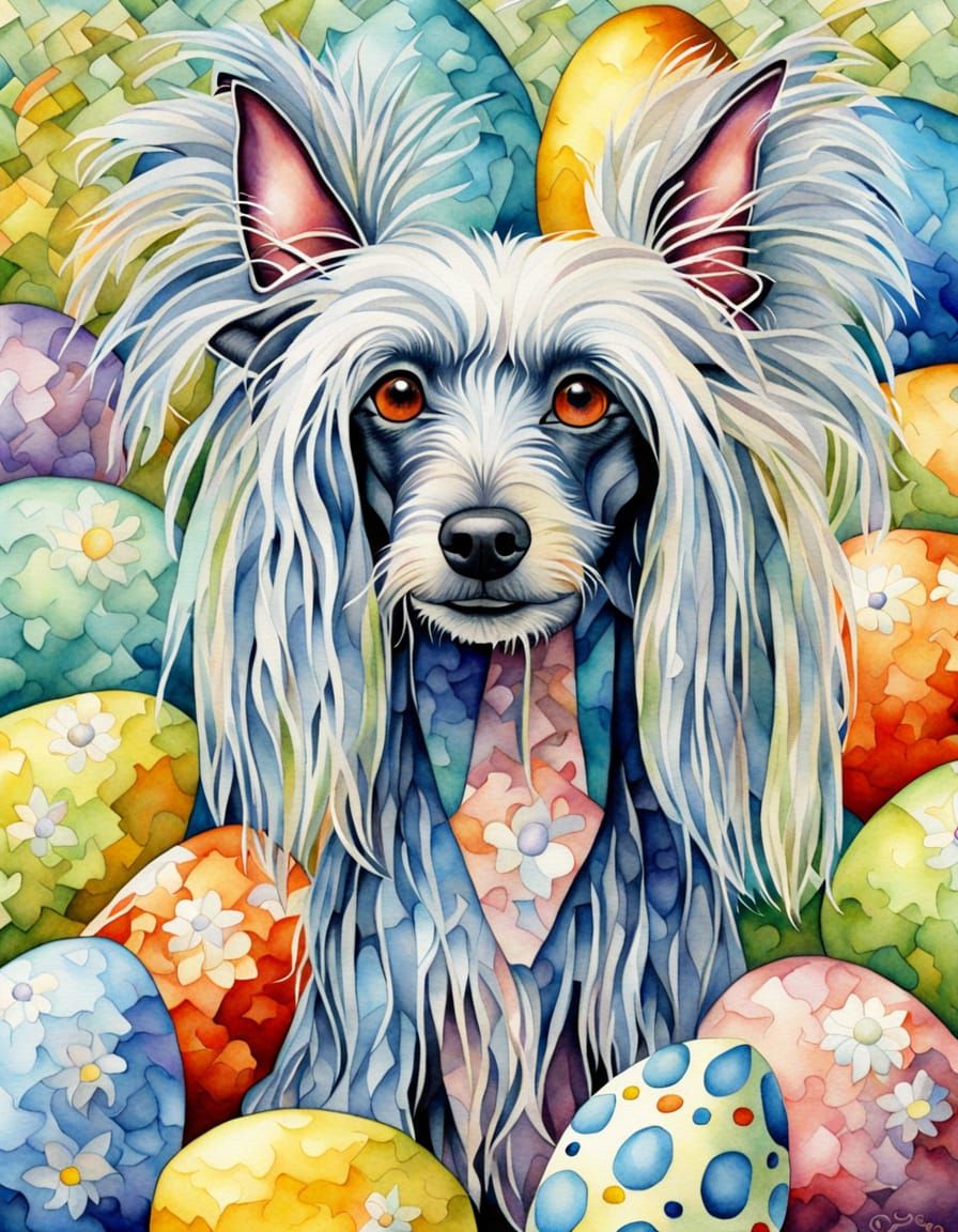 Cubist Easter Scene with Chinese Crested Dog