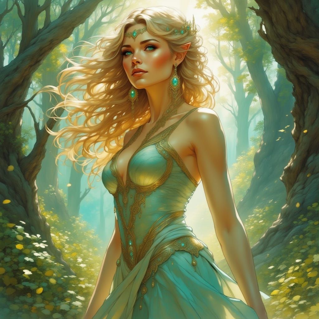 Mystical Elf Woman in Enchanted Forest