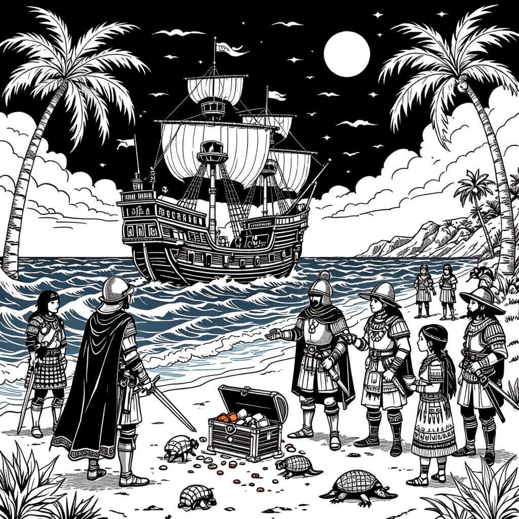 Spanish Galleon Arrival: Bobbie Goods-Style Coloring Page