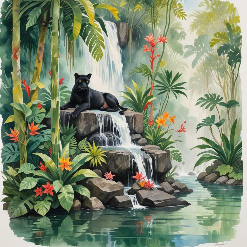Tropical Waterfall Scene with Panthers in Watercolor Style