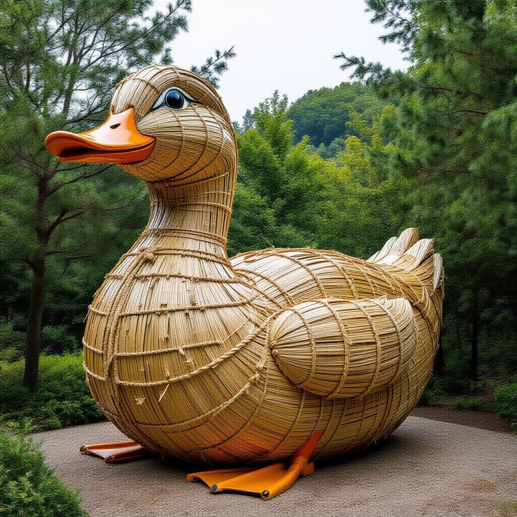 Giant Rice Straw Duck Sculpture in Folk Art Style