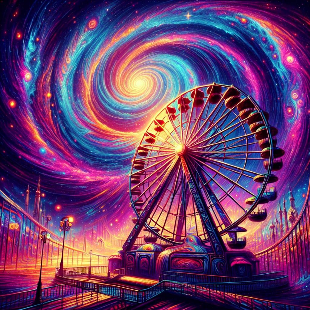 Psychedelic Ferris Wheel in Cosmic Galaxy Scene