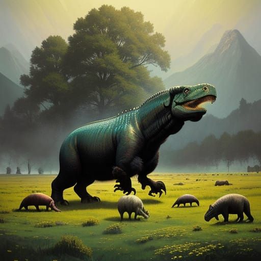 Surreal Scene of T-Rex Surrounded by Sheep in a Vibrant Mead...