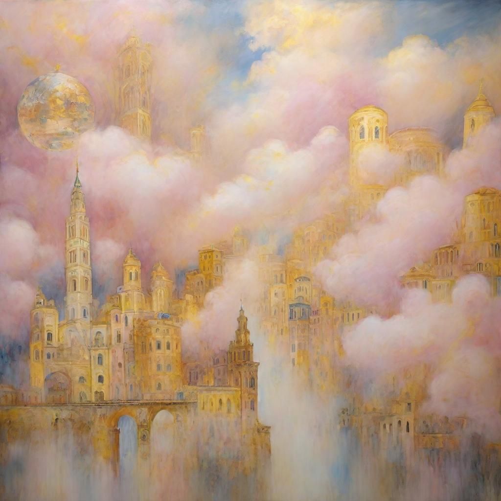 City in the Clouds: Art Nouveau Mixed Media Painting