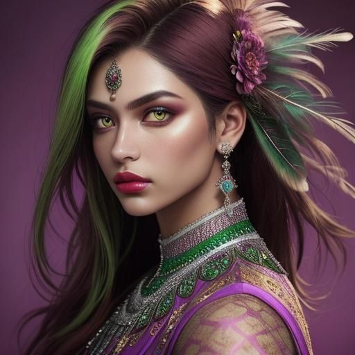 Stunning Woman with Peacock Hair: Hyperrealistic Portrait