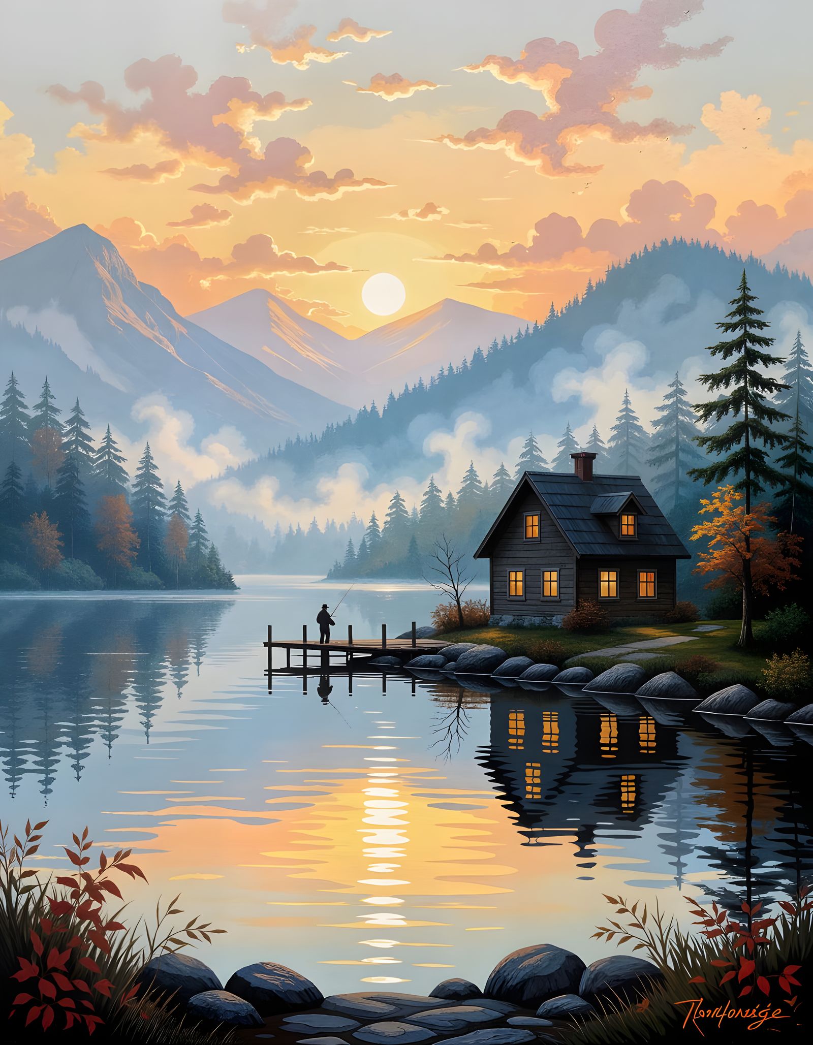 Misty Autumn Lake House with Fisherman in Pointillist Style