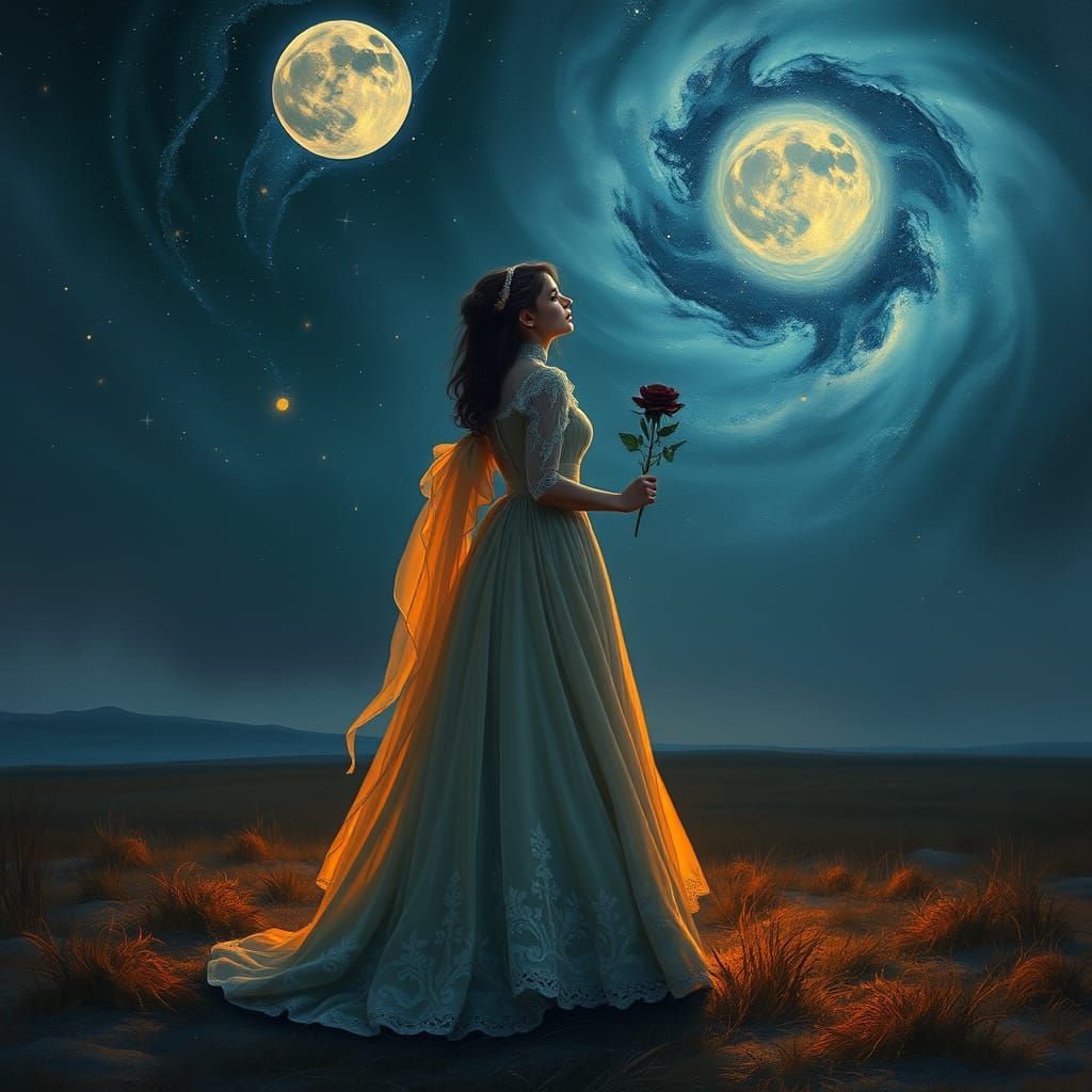 Victorian Lady on Moonlit Moor with Starry Sky
