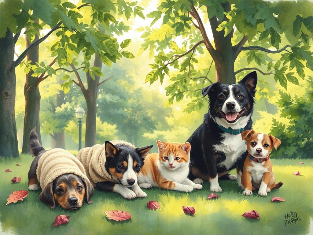 Whimsical Pets in a Sunny Park, Watercolor Style