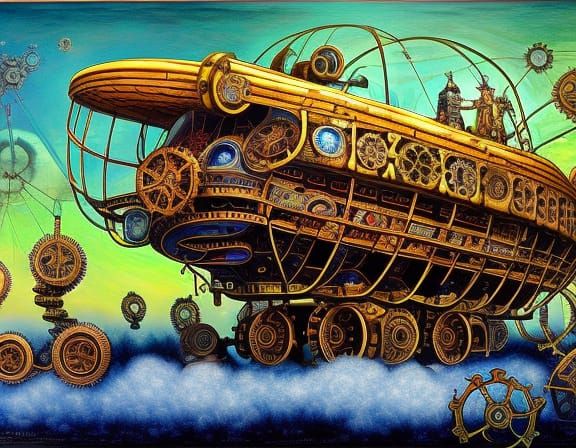 Steampunk Airship with Zombies in Geometric Art Style