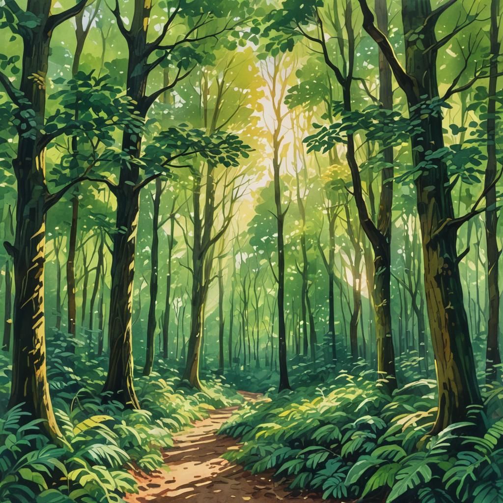 Lush Green Forest: Impressionist Gouache Watercolor Masterpi...