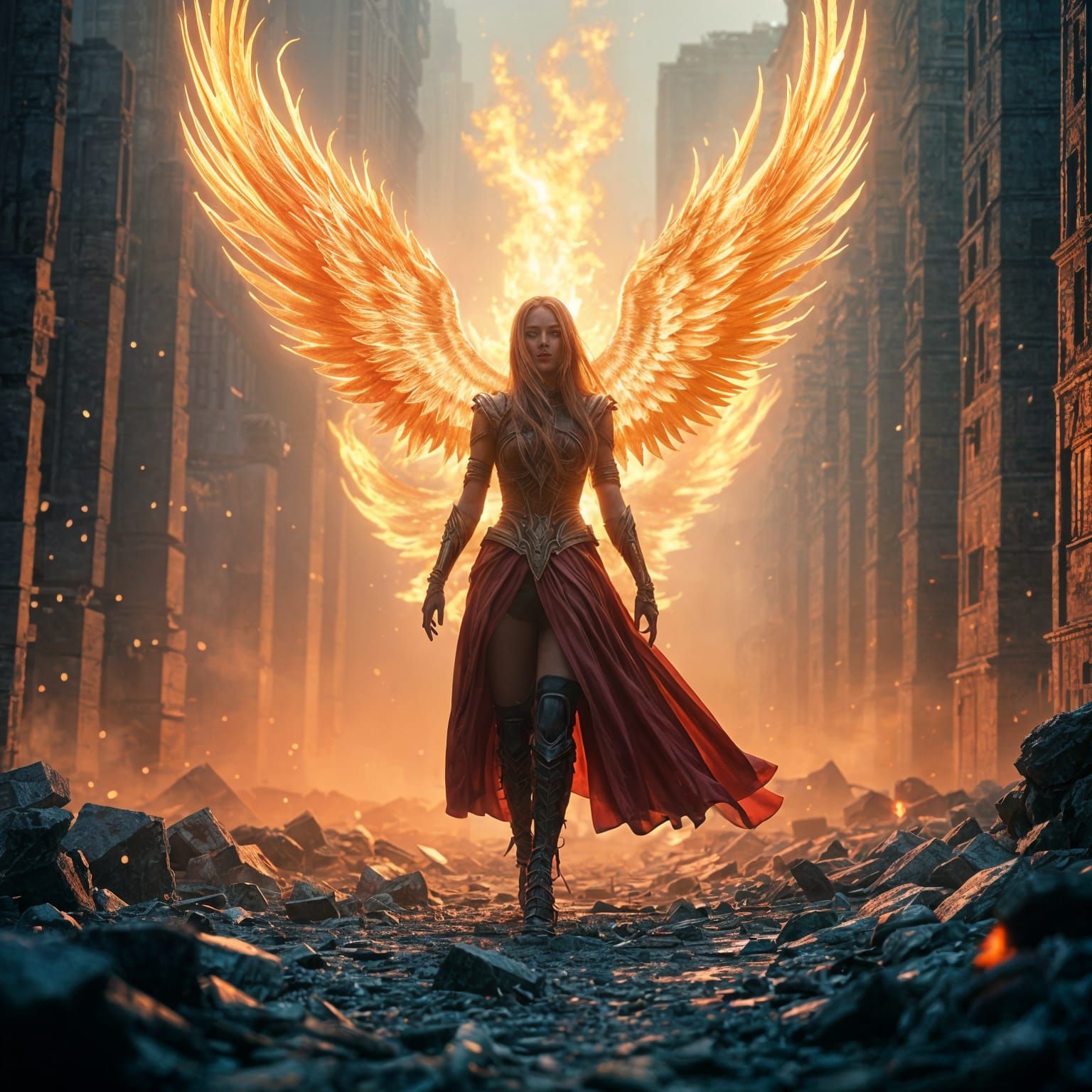 Magical Heroine Summons Phoenix in Ruined City Anime Style