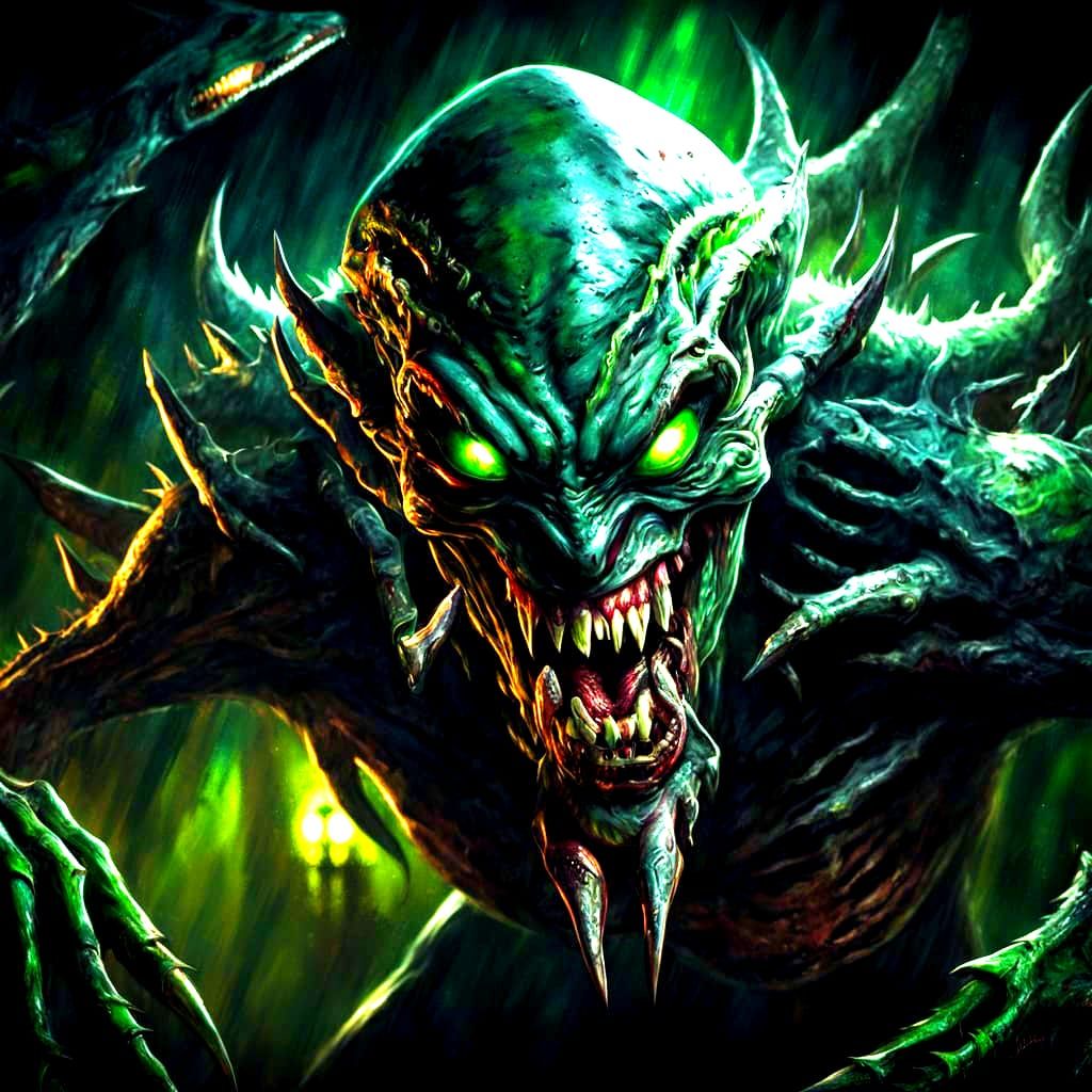 Ominous Alien with Glowing Green Eyes in Dark Fantasy