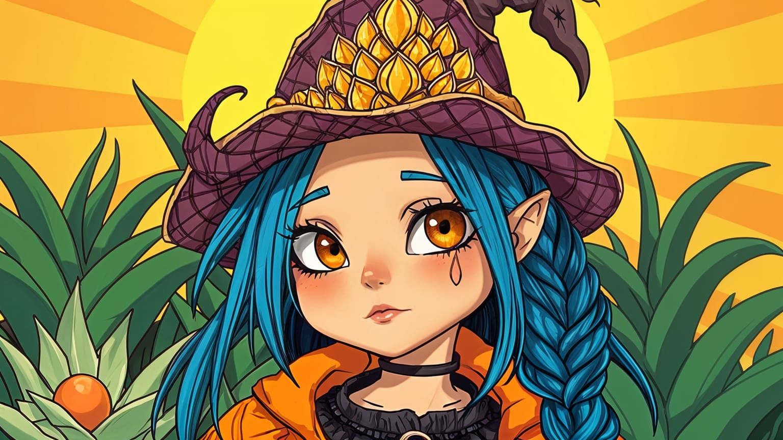 Solar Punk with Whimsical Cowboy-Witch Hat and Braided Hair