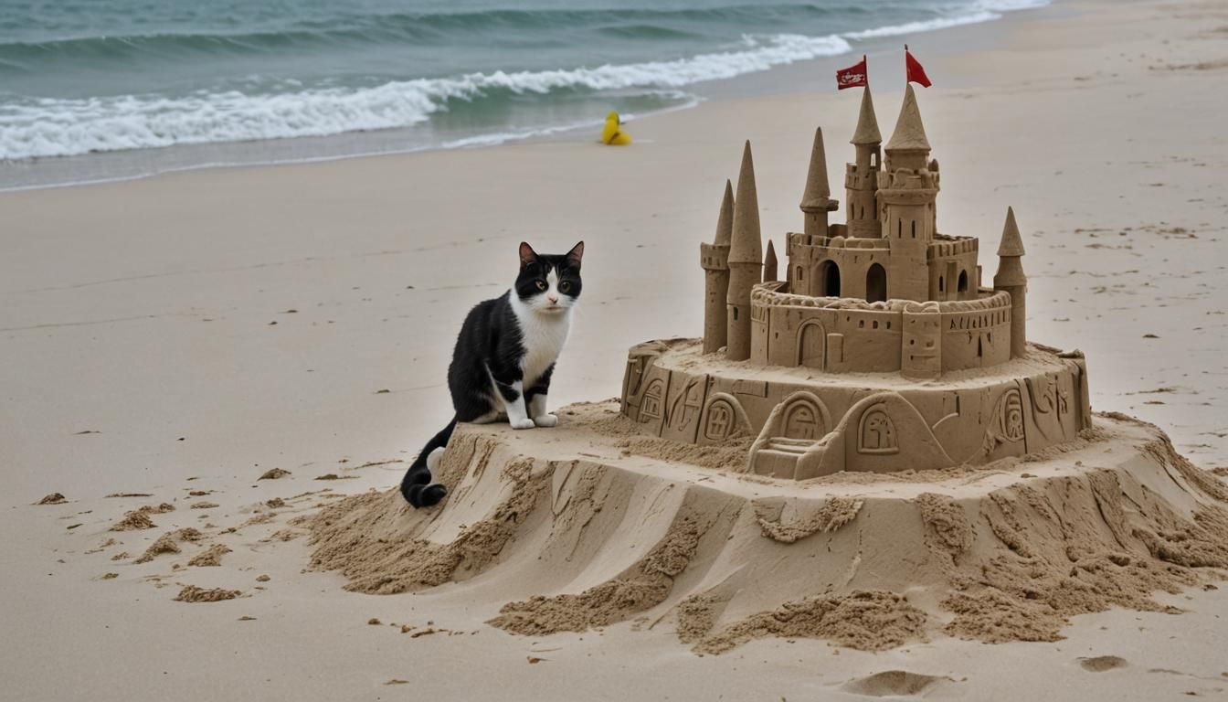 Cat on Sandcastle at Beach: A Whimsical Scene